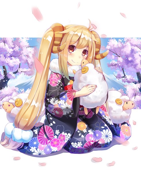 Anime picture 818x1000 with original qian wu atai single long hair tall image looking at viewer blush fringe blonde hair smile red eyes sitting twintails holding full body ahoge outdoors head tilt horn (horns) wide sleeves