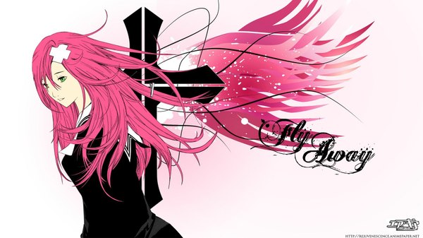 Anime picture 1920x1080 with air gear toei animation sumeragi kururu single long hair highres wide image green eyes pink hair inscription girl uniform hair ornament school uniform wings hairclip cross