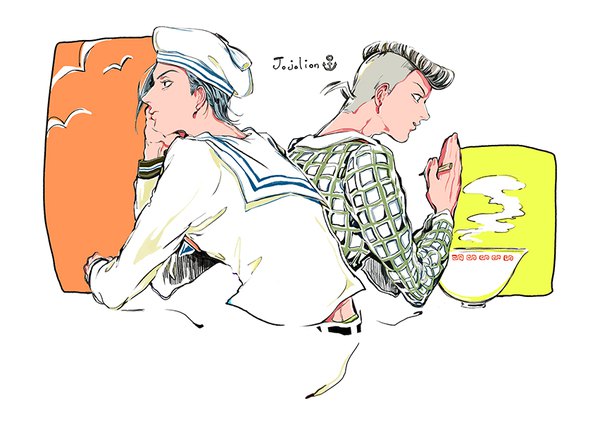 Anime picture 852x600 with jojo no kimyou na bouken jojolion kira yoshikage (jojolion) kuujou josefumi mizudama short hair black hair white background sitting profile multiple boys copyright name chin rest pompadour boy hat food 2 boys sailor suit chopsticks