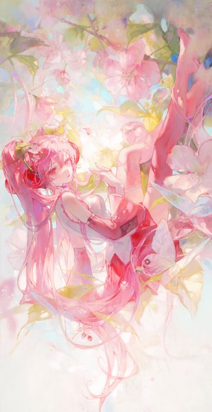 Anime picture 3124x6066 with vocaloid hatsune miku sakura miku maccha (mochancc) single tall image looking at viewer fringe highres hair between eyes sitting twintails pink hair absurdres very long hair pink eyes cherry blossoms adjusting hair girl thighhighs