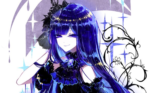 Anime picture 2000x1200 with houseki no kuni lapis lazuli (houseki no kuni) sheya single long hair looking at viewer highres blue eyes smile wide image white background blue hair alternate costume androgynous cropped ascot brooch