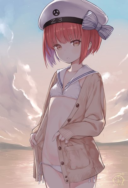 Anime picture 679x1000 with kantai collection z3 destroyer (max schultz) azure (capriccio) single tall image looking at viewer blush fringe short hair light erotic hair between eyes standing holding brown eyes signed sky cloud (clouds) upper body red hair blunt bangs