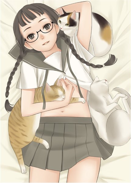 Anime picture 574x800 with original luna2 single long hair tall image looking at viewer light erotic black hair braid (braids) black eyes girl skirt uniform school uniform animal glasses cat