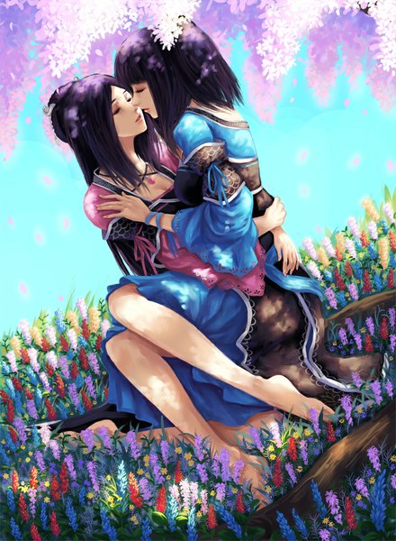 Anime picture 733x1000 with original pengnangehao long hair tall image short hair black hair sitting multiple girls eyes closed hug shoujo ai face to face almost kiss girl dress flower (flowers) 2 girls plant (plants) tree (trees)