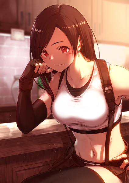 Anime picture 2894x4093 with final fantasy final fantasy vii final fantasy vii remake square enix tifa lockhart nakanishi tatsuya single long hair tall image looking at viewer blush highres breasts black hair red eyes large breasts sitting indoors light smile blurry