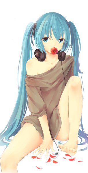 Anime picture 1608x3159 with vocaloid hatsune miku dre single long hair tall image looking at viewer blue eyes simple background white background sitting twintails bare shoulders holding barefoot off shoulder bare legs alternate costume no shoes mouth hold