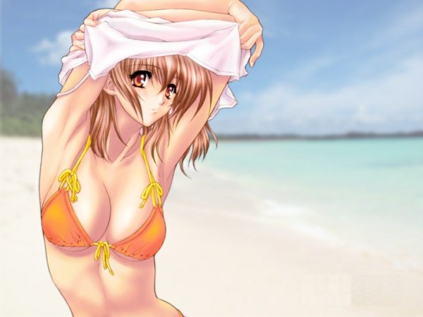 Anime picture 1024x768 with long hair light erotic brown hair orange eyes wallpaper beach undressing swimsuit bikini top