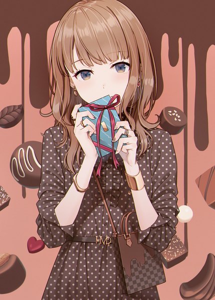 Anime picture 858x1200 with original hyuuga azuri single long hair tall image looking at viewer blush fringe simple background brown hair standing holding blunt bangs head tilt fingernails grey eyes polka dot valentine brown background girl