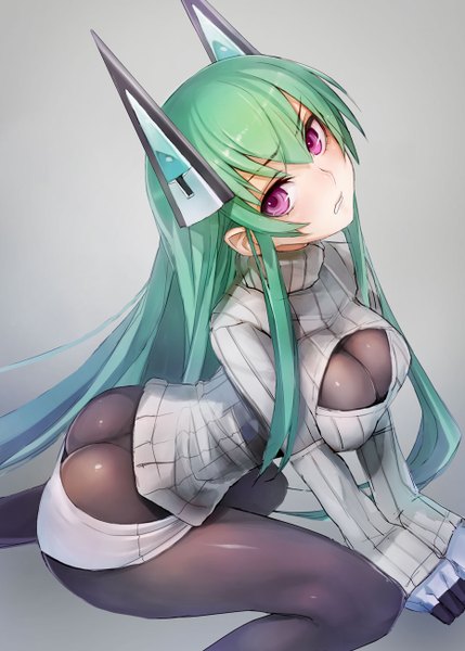 Anime picture 929x1300 with original menou kaname taishi (picchiridou) single long hair tall image looking at viewer blush breasts light erotic simple background large breasts purple eyes cleavage ass green hair from above grey background girl pantyhose