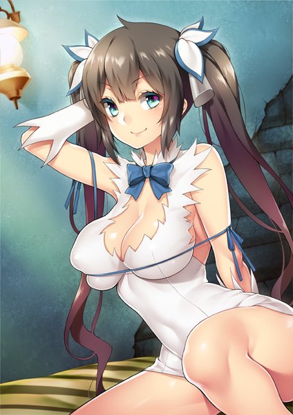 Anime picture 600x848 with dungeon ni deai wo motomeru no wa machigatteiru darou ka j.c. staff hestia (danmachi) fuya (tempupupu) single long hair tall image blush fringe breasts blue eyes light erotic black hair smile large breasts twintails rei no himo girl dress gloves