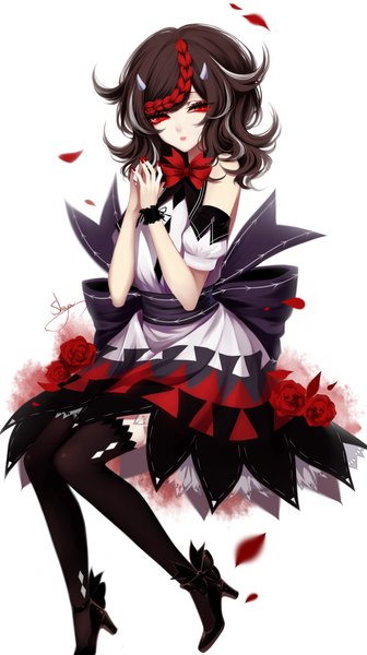 Anime picture 2100x3750 with touhou kijin seija sheya single long hair tall image looking at viewer highres open mouth black hair simple background red eyes white background signed full body red hair braid (braids) nail polish multicolored hair horn (horns)