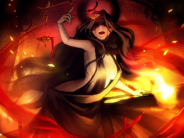 Anime picture 2324x1744 with original sasama keiji single long hair highres breasts open mouth light erotic brown hair holding screaming bloody tears girl blood eyepatch fire