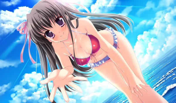 Anime picture 2048x1200 with angel ring fujii sumika yamakaze ran single long hair blush highres breasts light erotic black hair smile wide image purple eyes game cg sky cloud (clouds) girl ribbon (ribbons) swimsuit hair ribbon