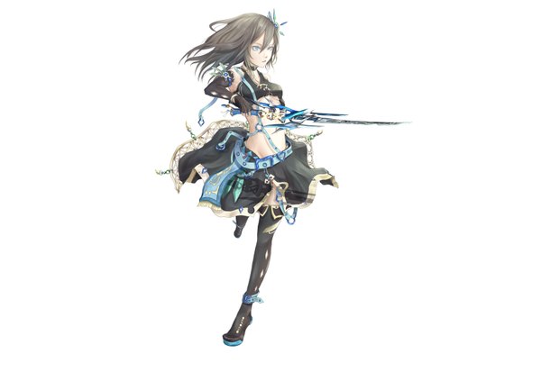 Anime picture 1684x1190 with original pip single long hair breasts blue eyes simple background brown hair white background bare shoulders holding bare belly standing on one leg running girl skirt gloves hair ornament weapon sword