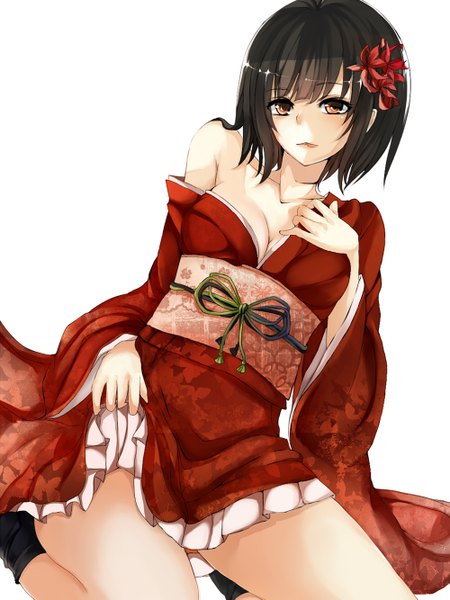 Anime picture 1000x1333 with original mouri0131 single tall image short hair breasts light erotic black hair smile bare shoulders brown eyes cleavage japanese clothes no bra girl hair ornament socks kimono black socks