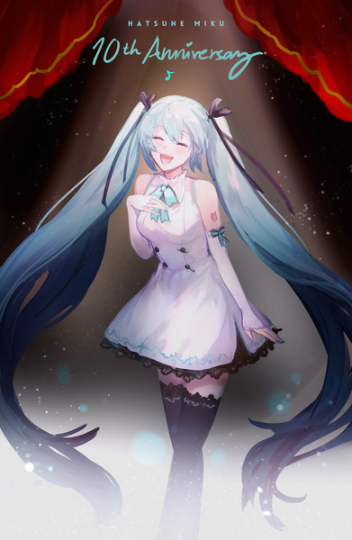 Anime picture 783x1200 with vocaloid hatsune miku k (sktchblg) single tall image blush open mouth smile twintails eyes closed very long hair :d aqua hair zettai ryouiki character names hand on chest anniversary girl thighhighs ribbon (ribbons)