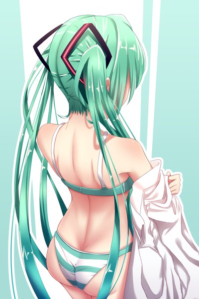 Anime picture 1288x1932 with vocaloid hatsune miku geduan single tall image highres light erotic standing twintails ass very long hair from behind aqua hair back undressing striped girl underwear panties shirt