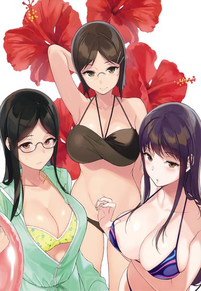 Anime picture 2560x3694 with original sasamori tomoe long hair tall image looking at viewer blush fringe highres short hair breasts open mouth light erotic black hair brown hair large breasts standing white background bare shoulders multiple girls holding