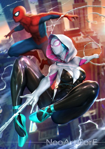 Anime picture 1000x1415 with marvel comics spider-man (series) gwen stacy spider-gwen spiderman nudtawut thongmai tall image breasts light erotic signed bent knee (knees) outdoors blurry inscription city spread arms cityscape flying fighting stance superhero
