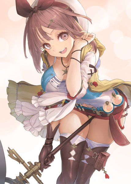 Anime picture 714x1000 with atelier (series) atelier ryza gust (company) reisalin stout yuu kisetu bi single tall image looking at viewer fringe short hair breasts open mouth simple background smile brown hair large breasts standing holding brown eyes cleavage