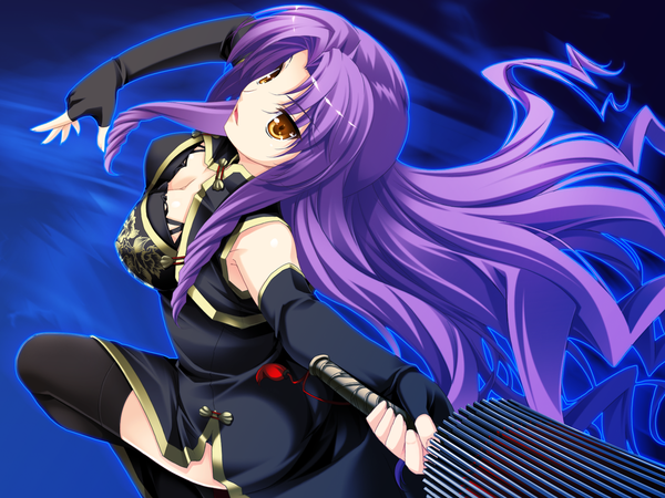 Anime picture 1600x1200 with bloody rondo (game) makita maki long hair simple background game cg purple hair orange eyes chinese clothes girl thighhighs gloves black thighhighs elbow gloves fingerless gloves umbrella chinese dress