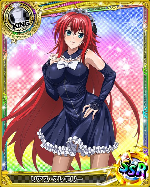 Anime picture 640x800 with highschool dxd rias gremory single tall image looking at viewer blush open mouth blue eyes smile ahoge red hair very long hair card (medium) girl dress detached sleeves frills black dress lolita hairband