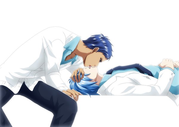 Anime picture 1378x974 with kuroko no basket production i.g pixiv kuroko tetsuya aomine daiki kawori (pixiv id 1821650) short hair blue eyes simple background white background blue hair lying eyes closed arm support dark skin kiss shounen ai dual persona boy uniform