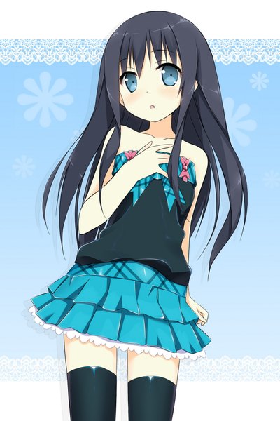 Anime picture 1333x2000 with original sky-freedom single long hair tall image blue eyes black hair bare shoulders girl thighhighs skirt black thighhighs miniskirt