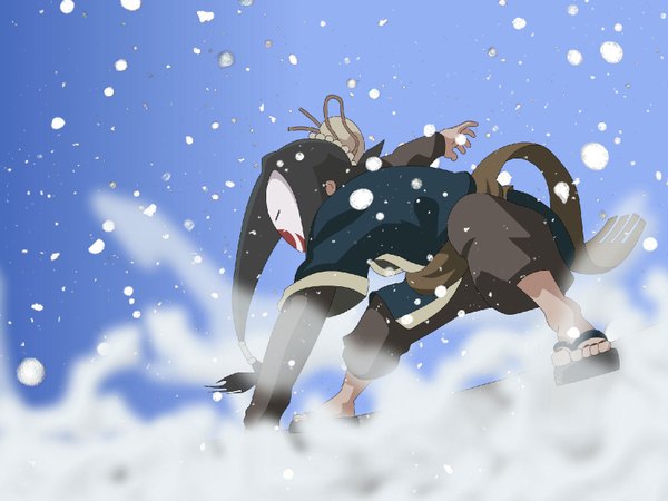 Anime picture 1600x1200 with naruto studio pierrot naruto (series) haku (naruto) single long hair black hair hair bun (hair buns) snowing winter boy mask