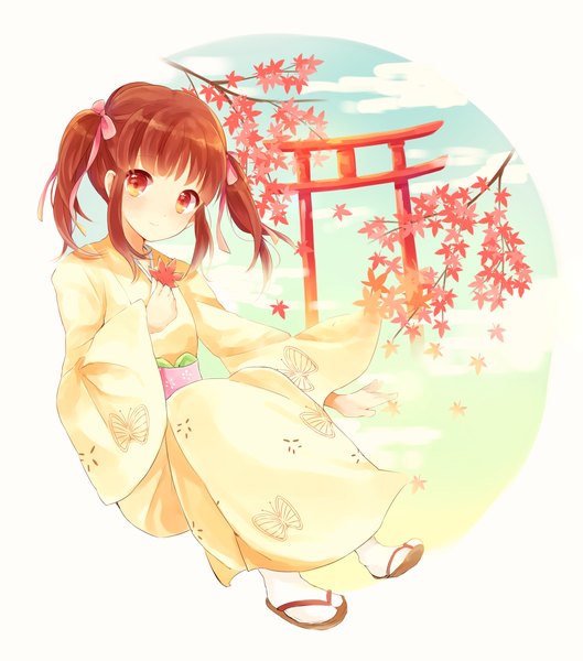 Anime picture 1500x1700 with idolmaster idolmaster cinderella girls ogata chieri single tall image short hair red eyes brown hair twintails japanese clothes short twintails girl bow hair bow kimono leaf (leaves)