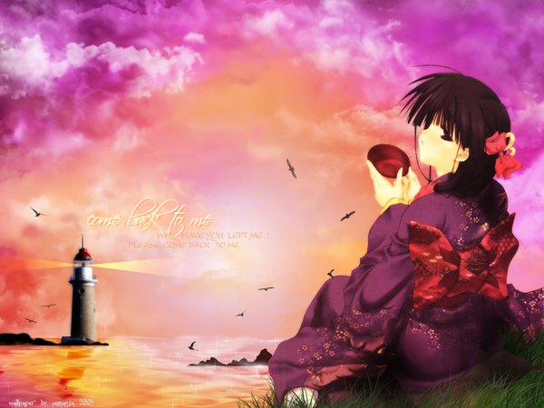 Anime picture 1600x1200 with comic party hasebe aya fightgirl (semanga) single long hair looking at viewer black hair sitting signed cloud (clouds) outdoors japanese clothes profile looking back no shoes wariza low ponytail third-party edit girl bow