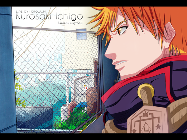 Anime picture 1000x750 with bleach studio pierrot kurosaki ichigo goldensky923 single short hair profile sunlight orange hair inscription orange eyes coloring angry boy fence