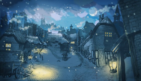 Anime picture 2000x1158 with original brainleakage highres wide image sky cloud (clouds) night night sky city light snowing winter snow no people crescent street building (buildings) moon lantern fence