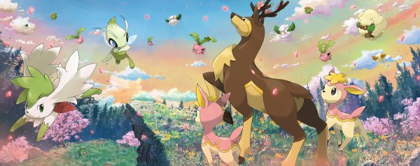 Anime picture 1200x477 with pokemon nintendo bulbasaur shaymin celebi whimsicott hoppip skiploom cottonee deerling sawsbuck ditb wide image sky cloud (clouds) cherry blossoms no people landscape gen 1 pokemon gen 2 pokemon