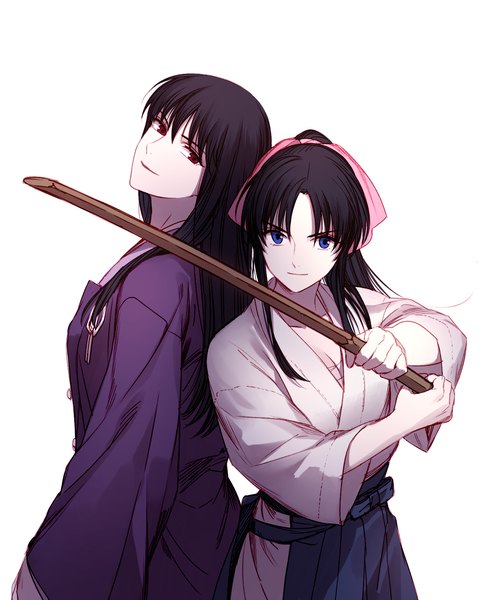 Anime picture 1280x1600 with rurouni kenshin kamiya kaoru tayuya1130 long hair tall image looking at viewer fringe breasts blue eyes black hair simple background red eyes white background multiple girls ponytail traditional clothes japanese clothes wide sleeves girl 2 girls