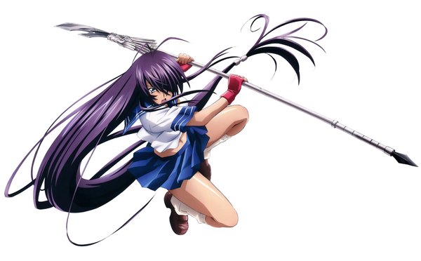 Anime picture 9221x5729 with ikkitousen kanu unchou single fringe highres open mouth blue eyes simple background wide image white background absurdres purple hair very long hair scan hair over one eye official art girl skirt gloves uniform