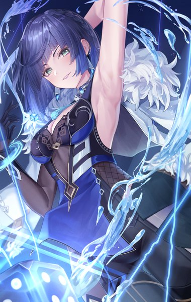 Anime picture 3173x5016 with genshin impact yelan (genshin impact) fujizarashi single tall image looking at viewer fringe highres short hair green eyes blue hair absurdres cleavage from below armpit (armpits) ass visible through thighs arm behind head girl earrings water