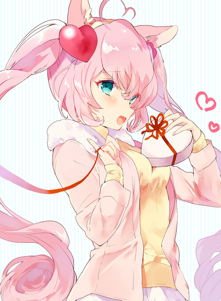 Anime picture 691x941 with show by rock!! studio bones rosia (show by rock!!) kanaiko single long hair tall image blush fringe hair between eyes twintails holding animal ears payot looking away pink hair ahoge upper body aqua eyes cat ears