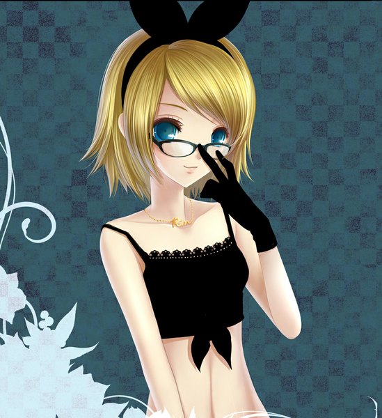 Anime picture 1000x1093 with vocaloid kagamine rin ouka mai (artist) single tall image short hair blue eyes blonde hair girl gloves glasses hairband pendant