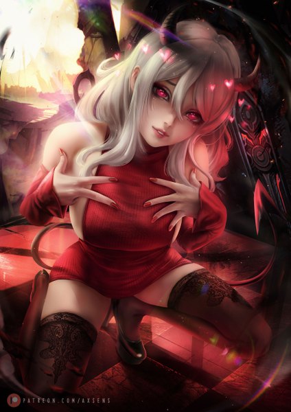Anime picture 3532x5000 with helltaker modeus (helltaker) axsen single long hair tall image looking at viewer fringe highres breasts light erotic hair between eyes large breasts bare shoulders signed absurdres full body bent knee (knees) outdoors white hair