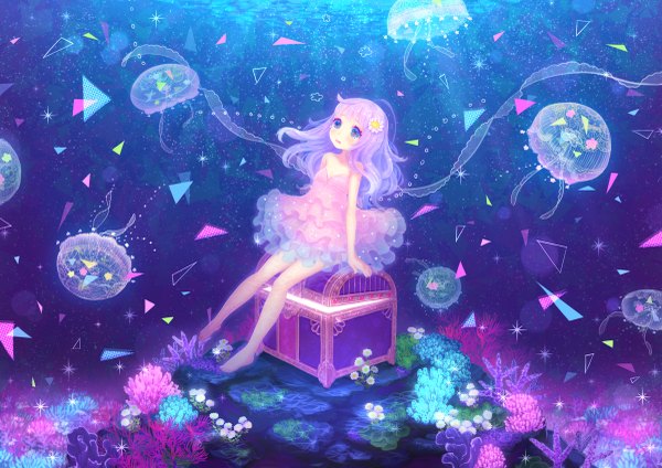 Anime picture 1200x849 with original inase single long hair blush blue eyes sitting bare shoulders pink hair barefoot hair flower bare legs tears underwater abstract scared girl dress hair ornament flower (flowers)