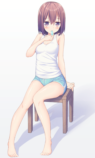 Anime picture 723x1200 with original kawami nami single tall image looking at viewer blush fringe short hair light erotic simple background hair between eyes brown hair white background sitting purple eyes full body bent knee (knees) barefoot arm support bare legs