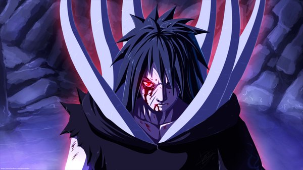 Anime picture 1920x1080 with naruto studio pierrot naruto (series) uchiha obito tobi single long hair highres black hair red eyes wide image scar angry akatsuki sharingan boy blood cloak cave