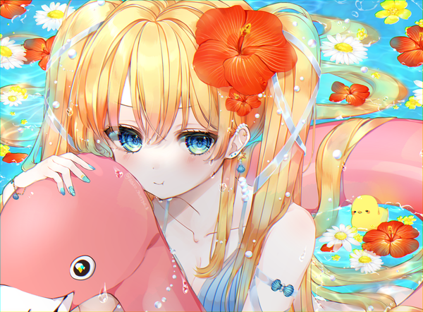 Anime picture 4537x3340 with original wako morino single long hair blush fringe highres blue eyes blonde hair hair between eyes twintails absurdres nail polish hair flower partially submerged piercing ear piercing aqua nail polish nail art girl