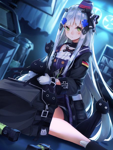Anime-Bild 1125x1500 mit girls frontline hk416 (girls frontline) po-palm single long hair tall image looking at viewer blush fringe hair between eyes sitting holding green eyes payot silver hair indoors night depth of field facial mark iron cross