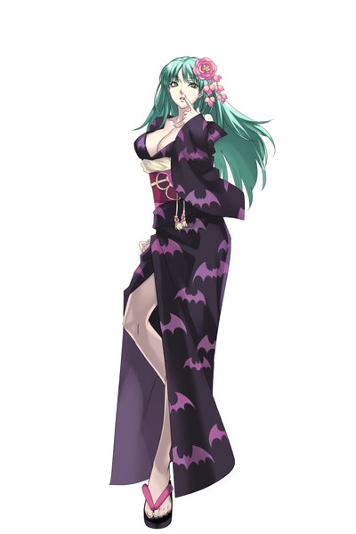Anime picture 2483x3720 with cross edge vampire / darkstalkers (game) capcom morrigan aensland nakamura tatsunori single long hair tall image fringe highres breasts light erotic simple background large breasts standing white background green eyes looking away cleavage full body