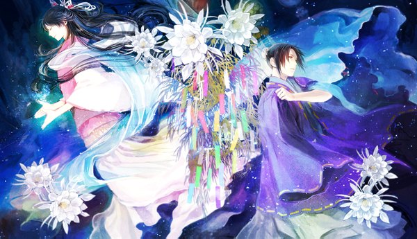 Anime picture 1500x863 with original uraki (tetsu420) long hair short hair black hair smile wide image brown eyes eyes closed japanese clothes girl boy flower (flowers)