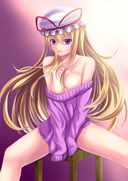 Anime picture 707x1000 with touhou yakumo yukari toshi (1-147) single long hair tall image looking at viewer breasts light erotic blonde hair purple eyes bare shoulders girl sweater bonnet