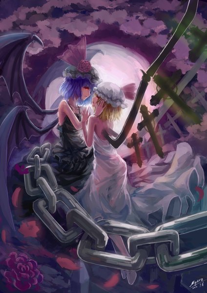 Anime picture 2480x3507 with touhou flandre scarlet remilia scarlet myero (artist) tall image highres short hair blonde hair red eyes multiple girls signed blue hair girl dress 2 girls wings moon chain bonnet
