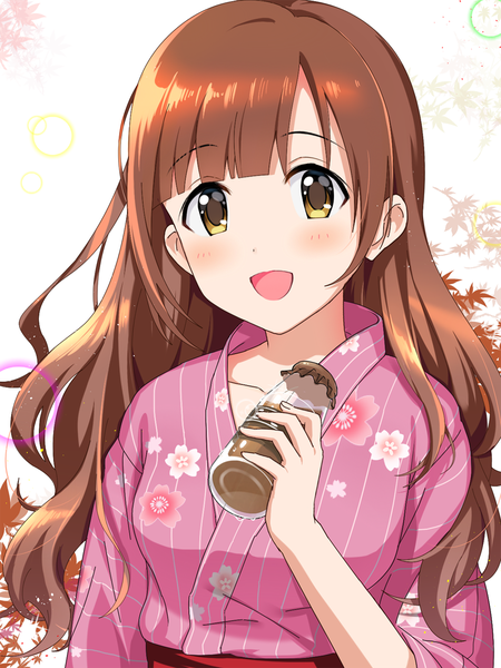 Anime picture 864x1152 with idolmaster idolmaster cinderella girls igarashi kyouko natsuya single long hair tall image looking at viewer blush fringe open mouth brown hair holding yellow eyes upper body traditional clothes :d japanese clothes floral print alternate hairstyle